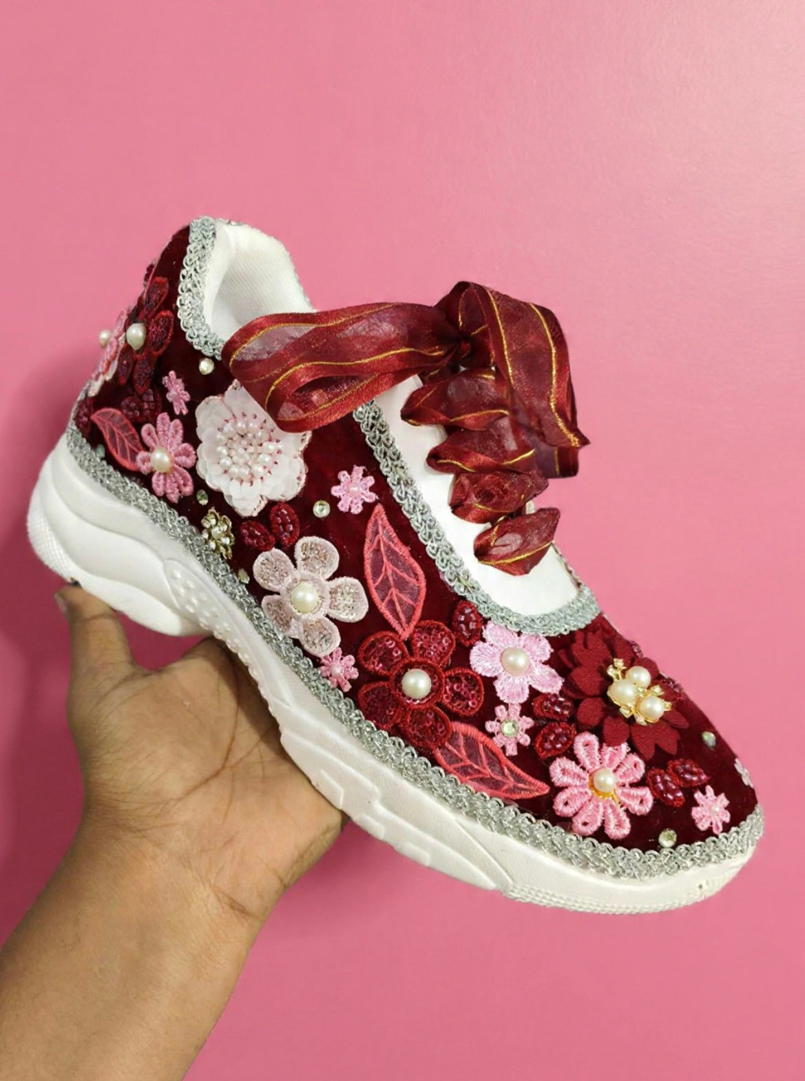 FUNKY N TRENDY maroon/ pink/ floral theme sneakers with pearls detailing for brides / bridesmaids with custom couple name initials/ pink shoes / maroon shoes