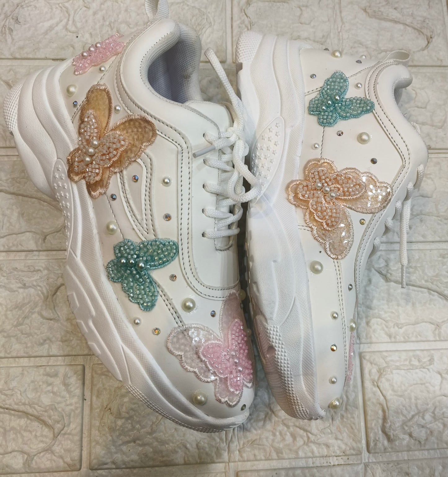 FUNKY N TRENDY colorful butterfly embroidery sneakers for brides /white silver embroidered sneakers/ handcrafted sneakers/ butterfly sneakers / bridal sneakers / bridesmaid sneakers/ white sneakers/ pink sneaker