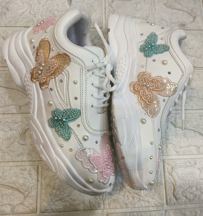 FUNKY N TRENDY colorful butterfly embroidery sneakers for brides /white silver embroidered sneakers/ handcrafted sneakers/ butterfly sneakers / bridal sneakers / bridesmaid sneakers/ white sneakers/ pink sneaker