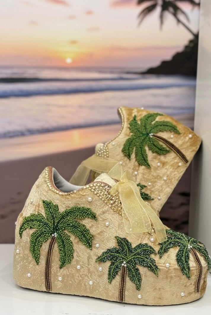 FUNKY N TRENDY Hand embroidered Tree theme sneakers - wedge sneakers heeled sneakers/ gold sneakers