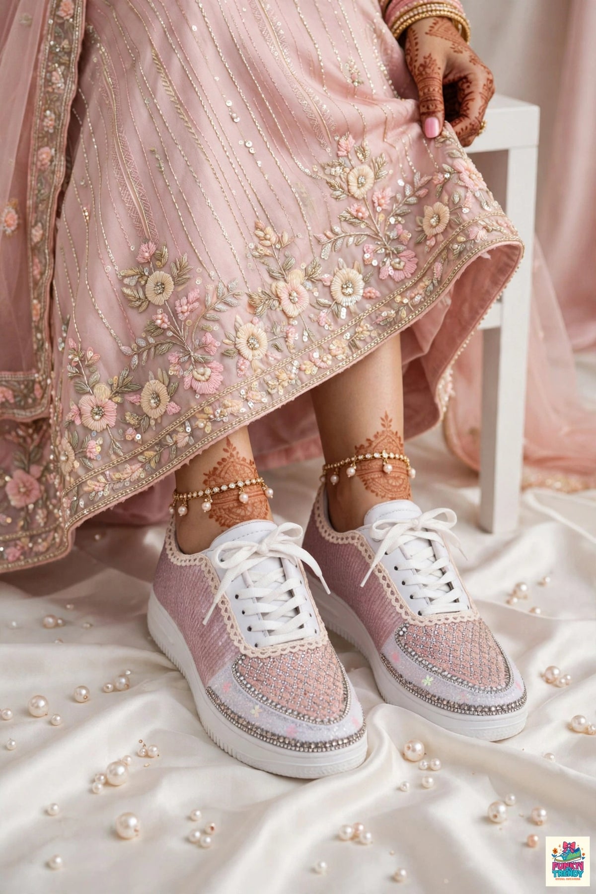 FUNKY N TRENDY pink sequine work sneakers with customization of name /wedding date/ couple shoes
