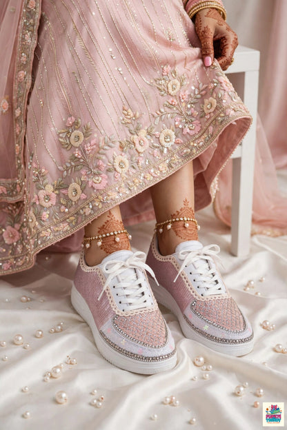 FUNKY N TRENDY pink sequine work sneakers with customization of name /wedding date/ couple shoes