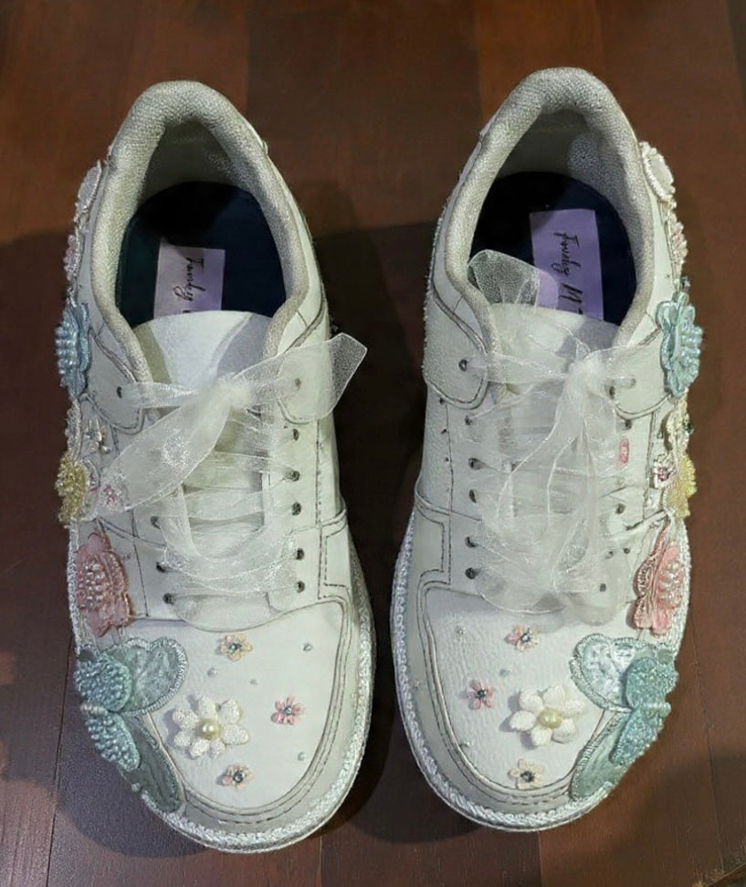 FUNKY N TRENDY Hand embroidered butterfly theme sneakers - wedge sneakers heeled sneakers/ white sneakers