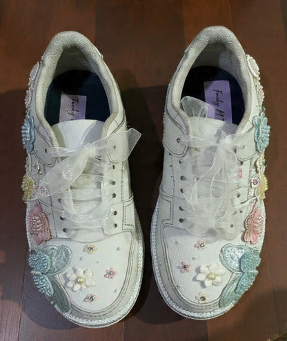 FUNKY N TRENDY Hand embroidered butterfly theme sneakers - wedge sneakers heeled sneakers/ white sneakers