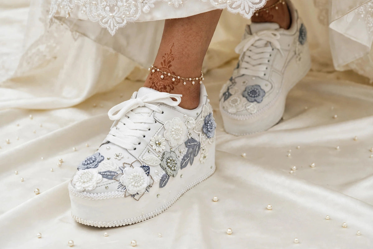 Customized White and Gray garden Bridal Sneakers with Name initials / wedding date– Wedding Shoes for Bride/ white sneakers