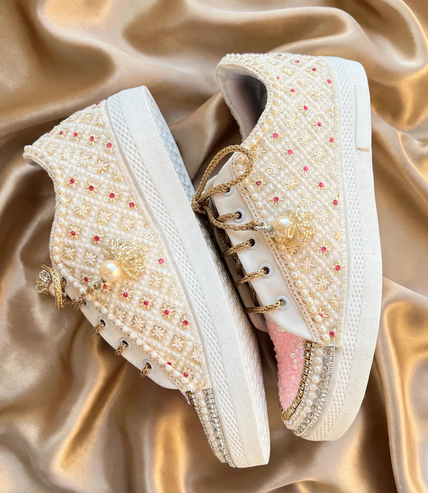 Funky N Trendy ivory and pink embroidery work bridal sneakers/ bridesmaid sneaker / golden sneakers/ pink sneakers / sequine work sneakers/ pink shoes
