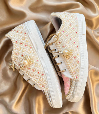 Funky N Trendy ivory and pink embroidery work bridal sneakers/ bridesmaid sneaker / golden sneakers/ pink sneakers / sequine work sneakers/ pink shoes