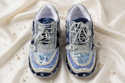 Midnight Blue Velvet Bridal Sneakers with Silver Cutdana & Crystal Embellishments