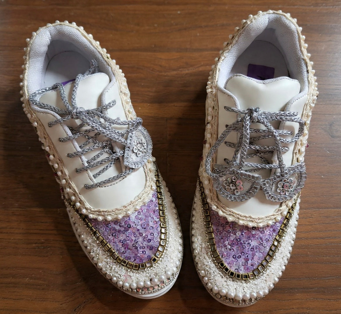 Funky N Trendy ivory and purple embroidery work bridal sneakers/ bridesmaid sneaker / lavender sneakers/ lilac sneakers / sequine work sneakers/ purple shoes/ silver sneakers