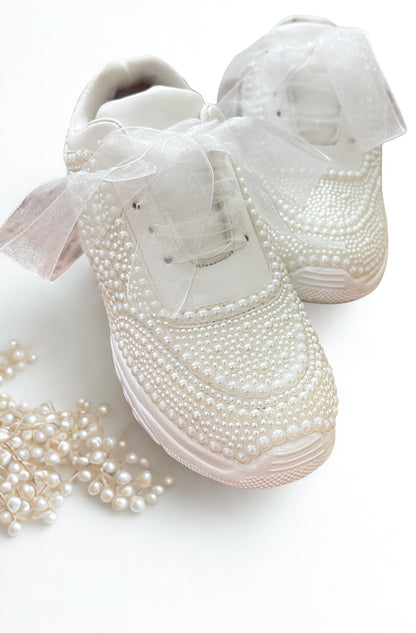 Funky N Trendy white pearl hand work sneakers / bridal sneakers/ sneaker for bride / white sneakers/ pearl sneakers for bride/ bridesmaid sneakers / pearls sneakers
