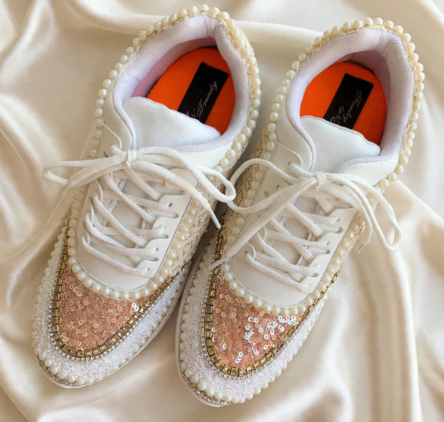 FUNKY N TRENDY ivory and tan peach sneakers with pearl detailing for brides / bridesmaids/ ivory sneakers / beige sneakers / tan peach shoes/ rose gold sneakers / rose gold shoes