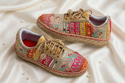 Handcrafted Mirror Work Bridal Sneakers | Indian Wedding Sneakers with Gota Patti Embroidery