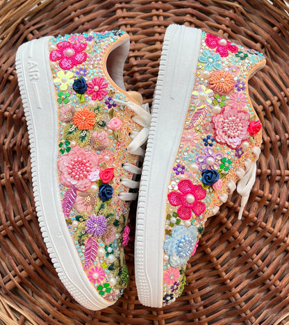 FUNKY N TRENDY fully hand crafted floral work with beads rhinestones cutdana etc /bridal sneakers / bridesmaid sneakers/ floral sneakers /colorful sneakers /bridal shoes / haldi mahendi shoes