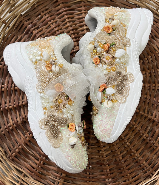 FUNKY N TRENDY gold butterfly embroidery sneakers for brides /gold embroidered sneakers/ handcrafted sneakers/ butterfly sneakers / bridal sneakers / bridesmaid sneakers/ gold and white hand work sneakers