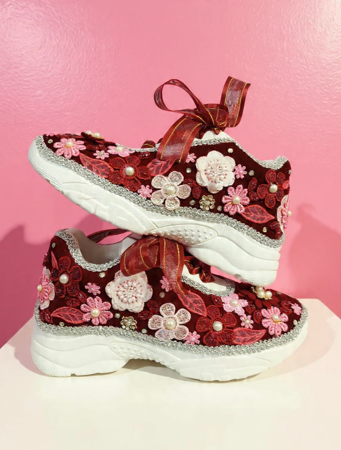 FUNKY N TRENDY maroon/ pink/ floral theme sneakers with pearls detailing for brides / bridesmaids with custom couple name initials/ pink shoes / maroon shoes