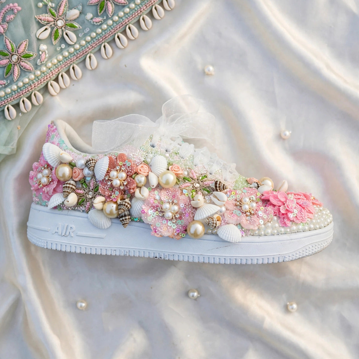 Mermaid Beach Bridal Sneakers - Shell Pearl Wedding Sneakers | Funky N Trendy| Pink & Blue Sneakers