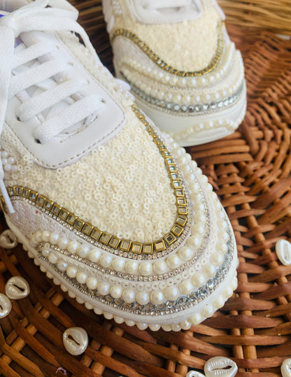 FUNKY N TRENDY ivory minimalistic sneakers with pearl detailing for brides /bridesmaids / sneakers for bridesmaids/ handcrafted sneakers/ sequine sneakers / bridal sneakers / bridesmaid sneakers/ ivory sneakers / minimal shoes