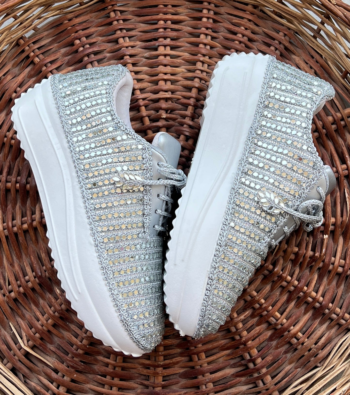FUNKY N TRENDY Full mirror work silver sneakers for brides / bridesmaids/ silver sneakers / mirror sneakers / silver shoes