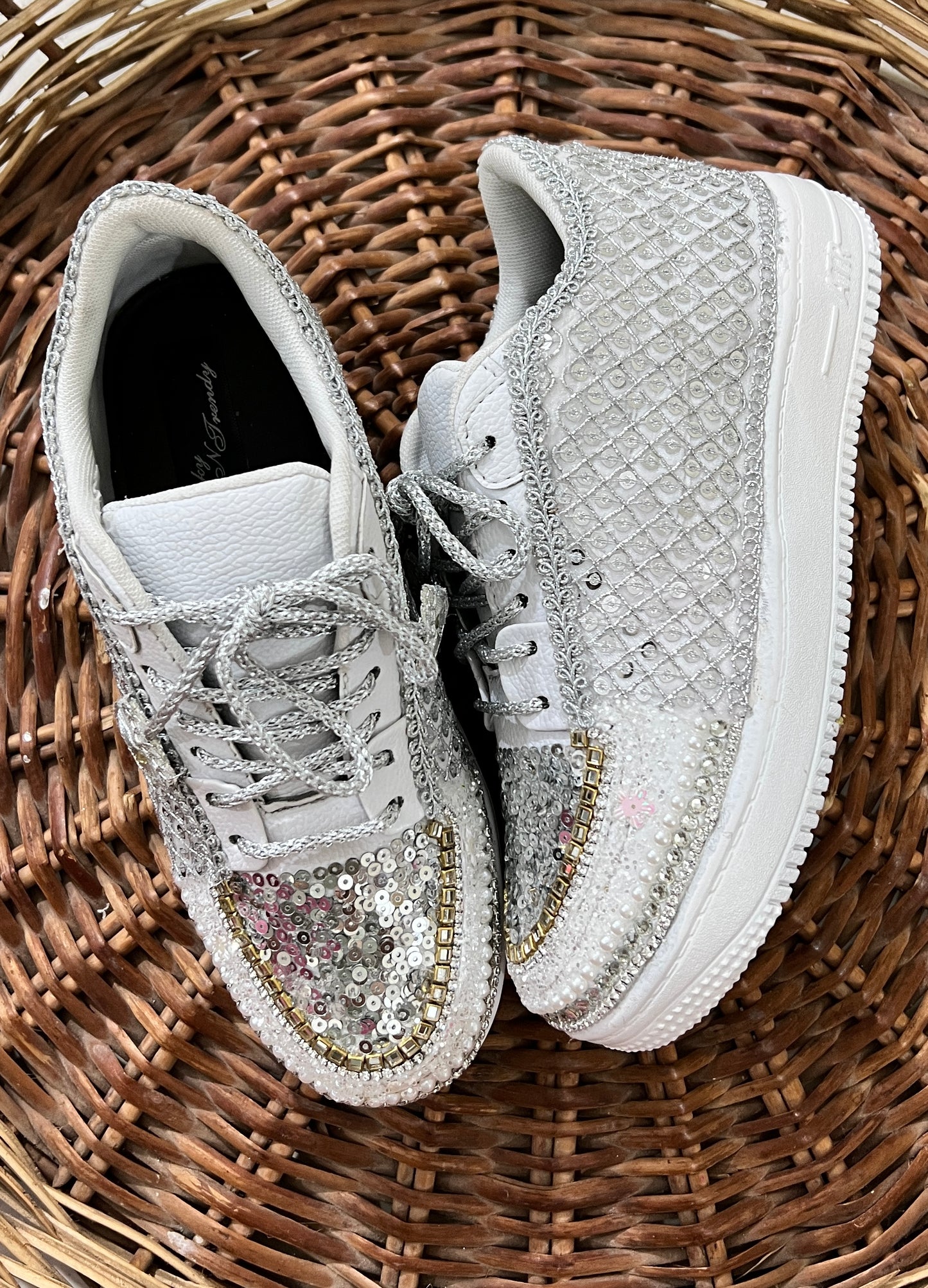 FUNKY N TRENDY hand work bridal sneakers / bridesmaid sneakers/ silver sneakers / silver shoes/mirror sneakers mirror shoes/ bride shoes/ embroidered shoes