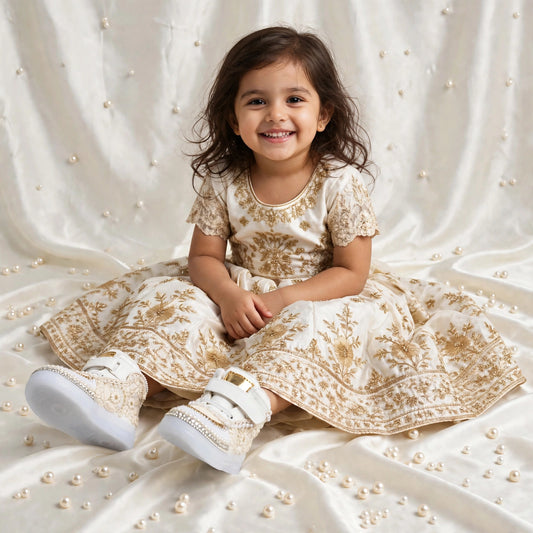 Ivory Bloom – Floral Lace Sneakers for Baby Girls | For Lehenga, Sharara, Gharara & Anarkali
