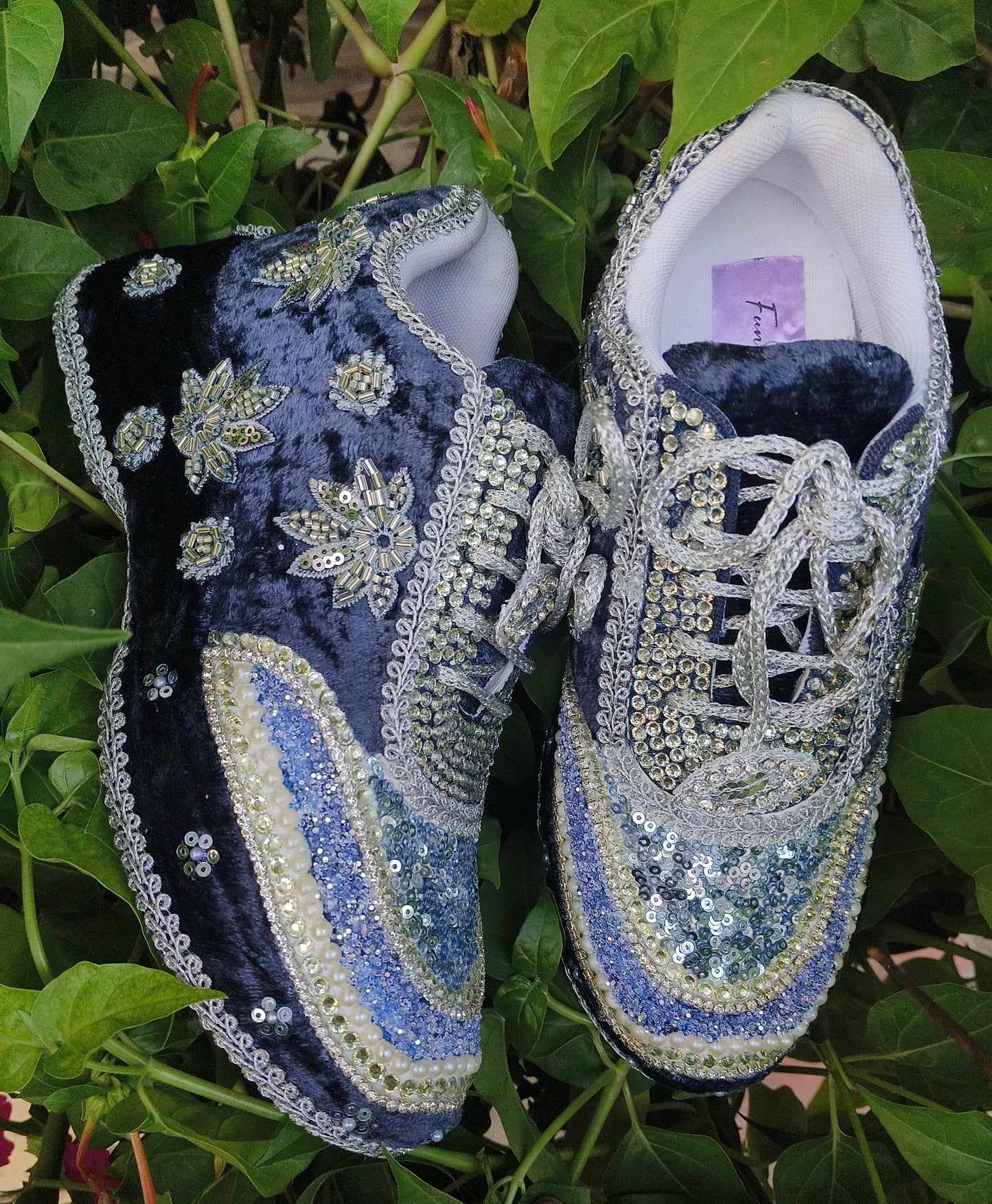 Midnight Blue Velvet Bridal Sneakers with Silver Cutdana & Crystal Embellishments