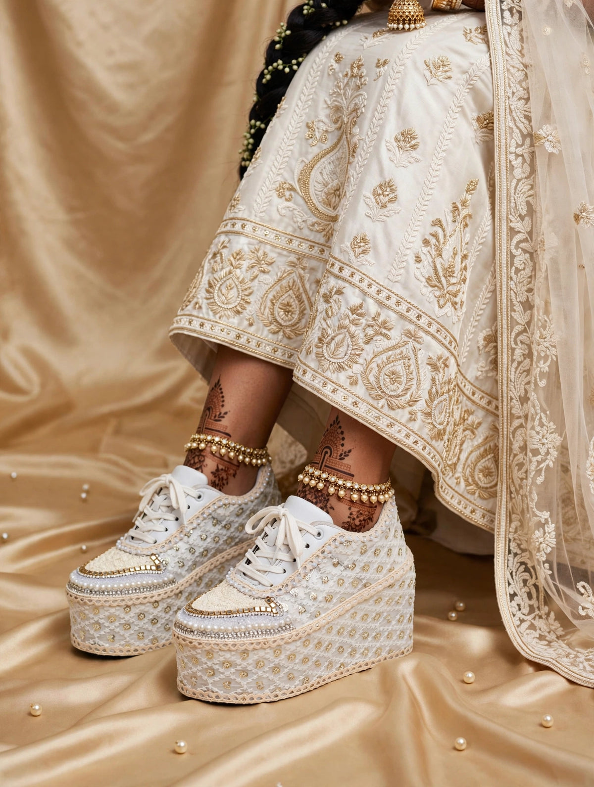 Handcrafted Bridal Sneakers for Brides – Wedding Shoes | Funky N Trendy | Ivory wedges | ivory sneakers
