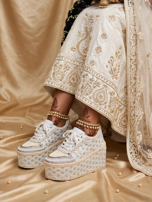 Handcrafted Bridal Sneakers for Brides – Wedding Shoes | Funky N Trendy | Ivory wedges | ivory sneakers