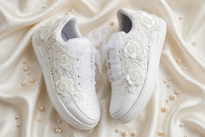 ELARA - Handcrafted White Floral Pearl Bridal Sneakers with Organza Ribbon Laces