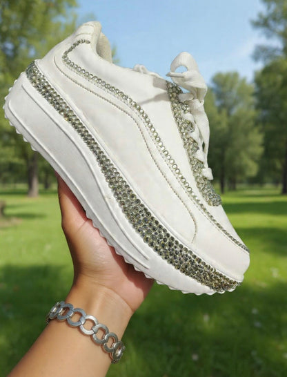 FUNKY N TRENDY rhinestone bridal sneakers / bridesmaid sneakers/ silver sneakers / silver shoes/stone sneakers studded shoes/ bride shoes/ white shoes