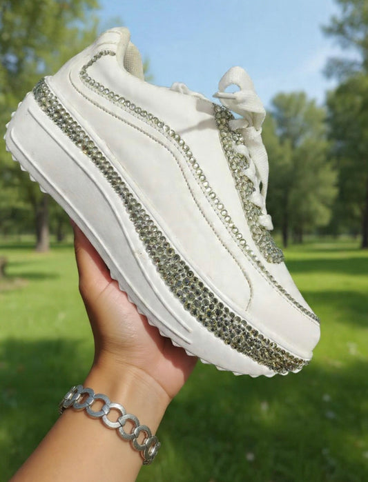 FUNKY N TRENDY rhinestone bridal sneakers / bridesmaid sneakers/ silver sneakers / silver shoes/stone sneakers studded shoes/ bride shoes/ white shoes