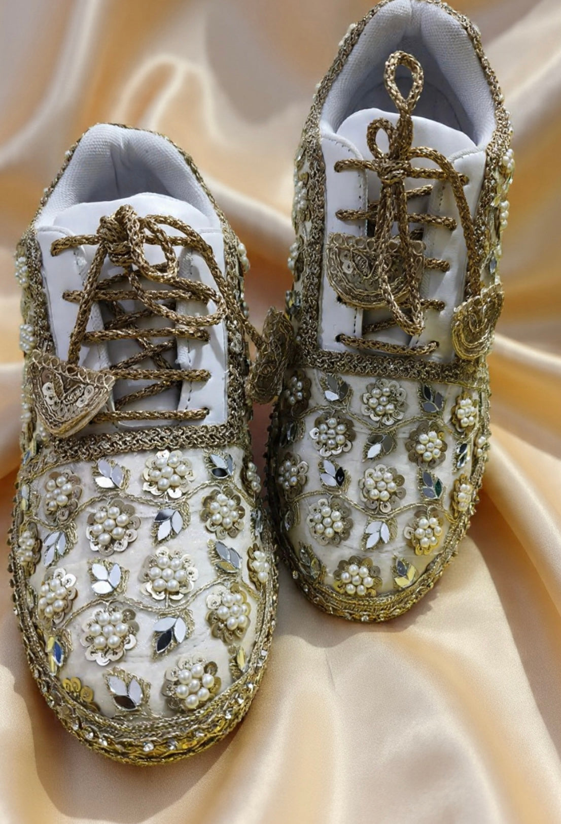 Mirror leaves Pearl blossom Dull gold/ beige Bridal Sneakers – Floral Embroidery” / gold sneakers /ivory sneakers/peach sneakers