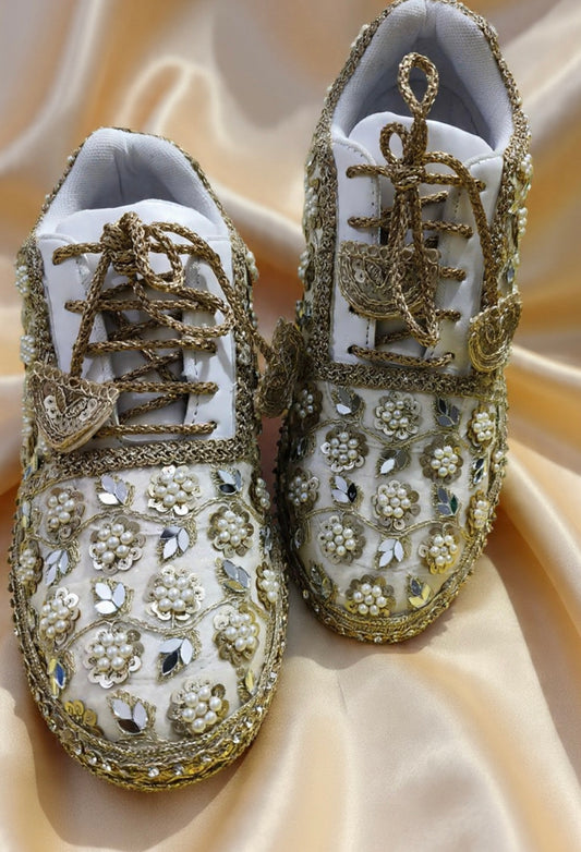 Mirror leaves Pearl blossom Dull gold/ beige Bridal Sneakers – Floral Embroidery” / gold sneakers /ivory sneakers/peach sneakers