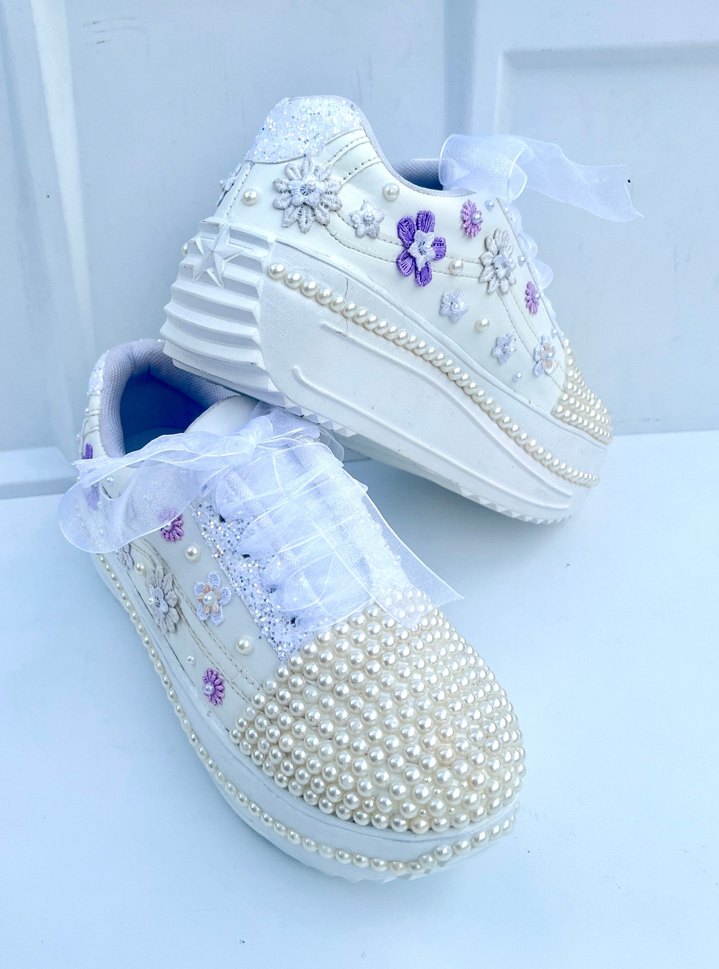 Funky N Trendy white pearl work sneakers with purple / lavender floral detailing / pearl sneakers