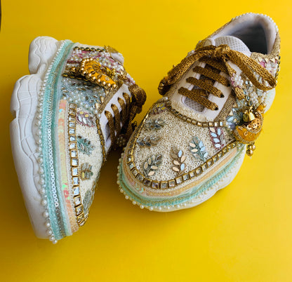 FUNKY N TRENDY hand crafted pastel bridal sneakers / gold sneakers / pastel sneakers / embroidery sneakers / sneakers for bride