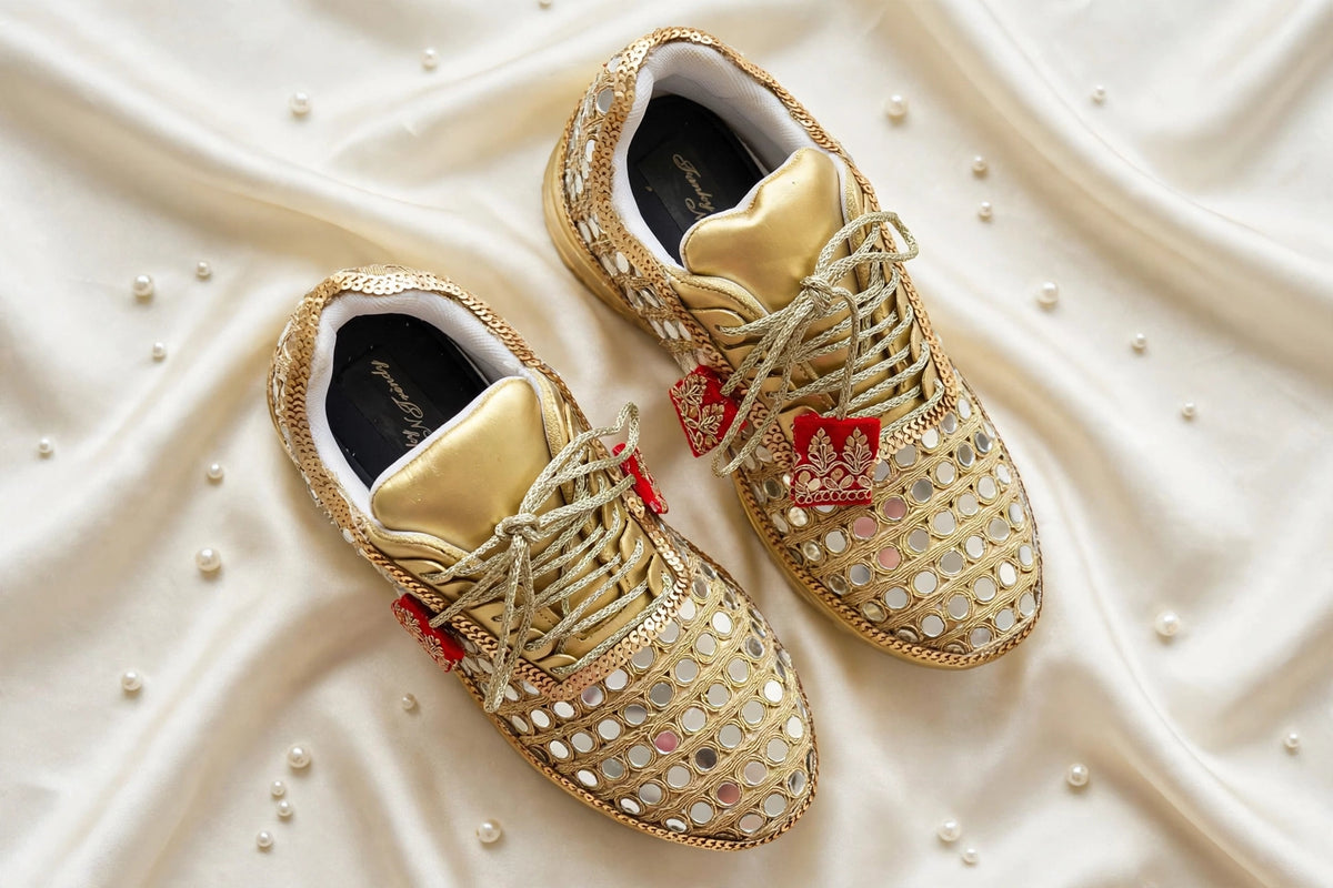 FUNKY N TRENDY gold mirror heeled sneakers for brides and bridesmaids