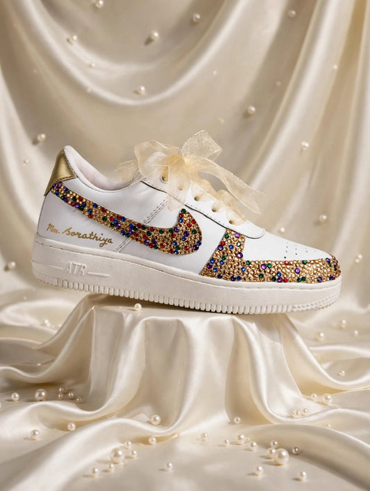 FUNKY N TRENDY multi colored rhinestone bridal sneakers / bridesmaid sneakers/ gold sneakers / gold shoes/stone sneakers studded shoes/ bride shoes/ white shoes