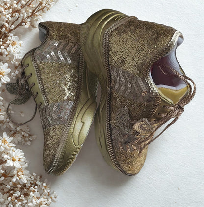 FUNKY N TRENDY gold sequine heeled sneakers for brides /bridesmaids / sneakers for bridesmaids/ handcrafted sneakers/ mirror sneakers / bridal sneakers / bridesmaid sneakers/ gold sneakers / sequine shoes