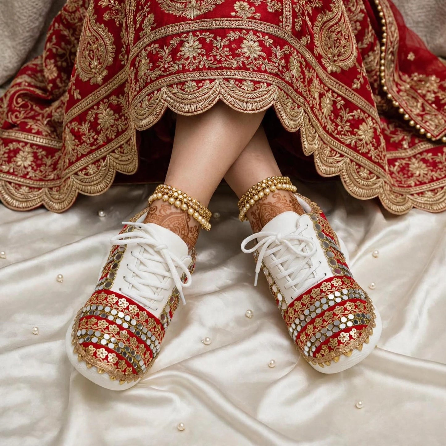 FUNKY N TRENDY red sneakers for brides /bridesmaids / sneakers for bridesmaids/ handcrafted sneakers/ mirror sneakers / bridal sneakers / bridesmaid sneakers/ gold sneakers / red sneakers