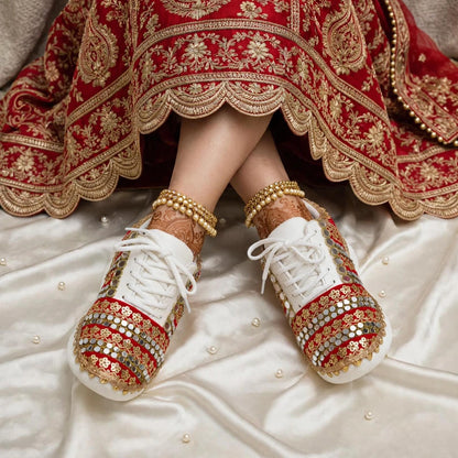 FUNKY N TRENDY red sneakers for brides /bridesmaids / sneakers for bridesmaids/ handcrafted sneakers/ mirror sneakers / bridal sneakers / bridesmaid sneakers/ gold sneakers / red sneakers