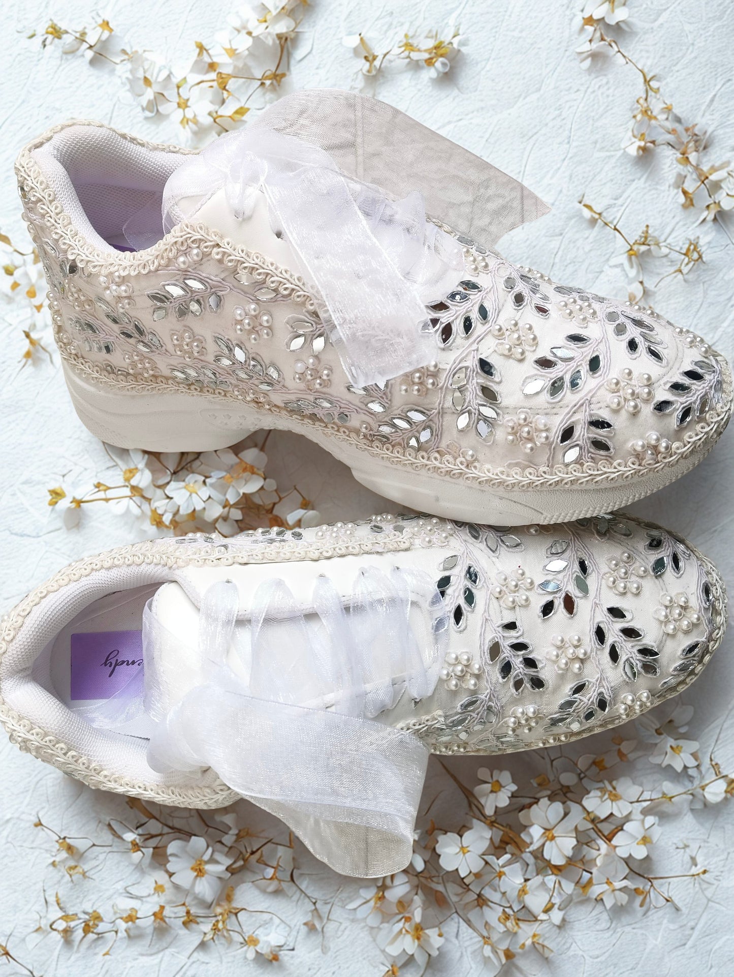 Funky N Trendy white pearl hand work sneakers / bridal sneakers/ sneaker for bride / white sneakers/ pearl sneakers for bride/ bridesmaid sneakers / pearls sneakers / mirror sneakers / white shoes