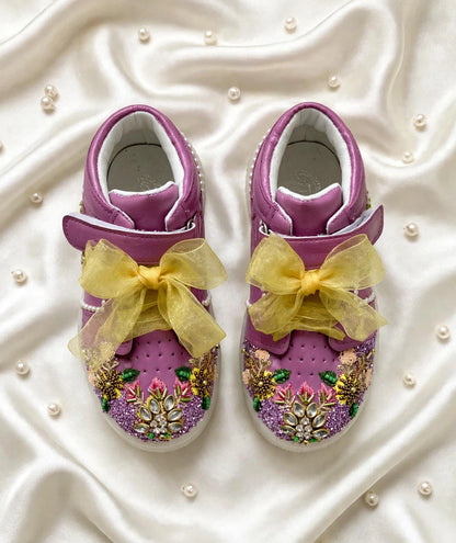 Funky N Trendy purple pink embroidery sneakers/kids sneakers/ embroidery shoes / kids shoes/ purple sneakers / purple shoes for kids/handmade sneakers for kids