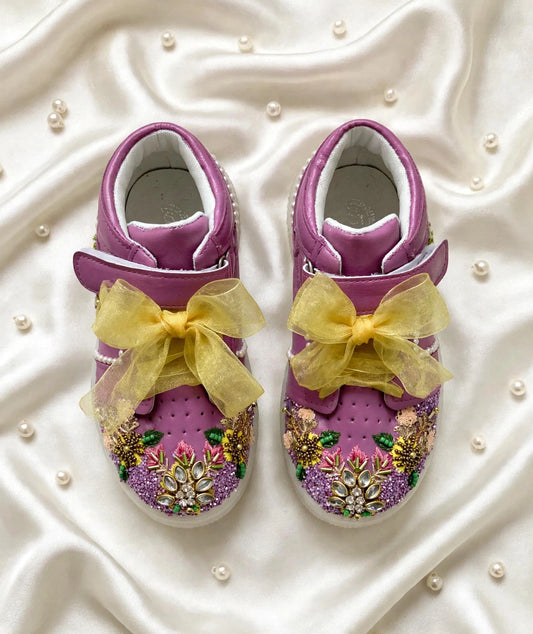 Funky N Trendy purple pink embroidery sneakers/kids sneakers/ embroidery shoes / kids shoes/ purple sneakers / purple shoes for kids/handmade sneakers for kids