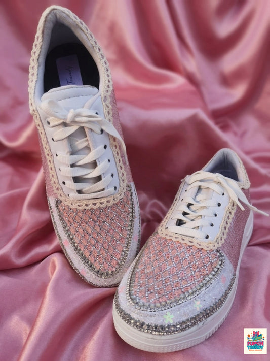 FUNKY N TRENDY pink sequine work sneakers with customization of name /wedding date/ couple shoes