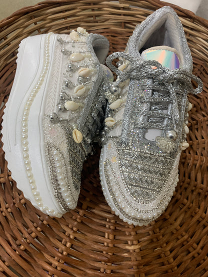 FUNKY N TRENDY silver sneakers for brides / silver sneakers for bridesmaids/ silver sneakers / bridal sneakers / bridesmaid sneakers/ silver hand work sneakers