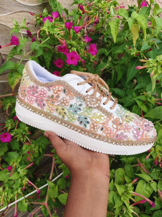 “Rainbow Bridal Sneakers with Mirror detailing– Floral Embroidery”