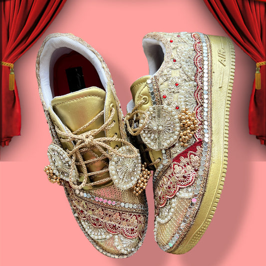 Funky N Trendy Maroon & Gold embroidery work bridal sneakers/ bridesmaid sneaker / golden sneakers/ Maroon sneakers / gold shoes