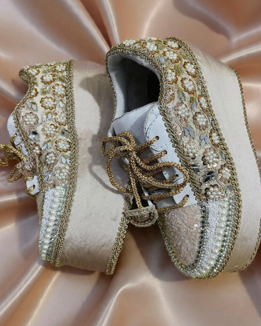 FUNKY N TRENDY Rose Gold Mirror sequine work sneakers - wedge sneakers heeled sneakers/ Rose gold sneakers