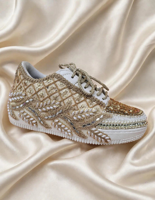 Golden Sequin Bridal Sneakers – Handcrafted Wedding Shoes for Brides | Funky N Trendy