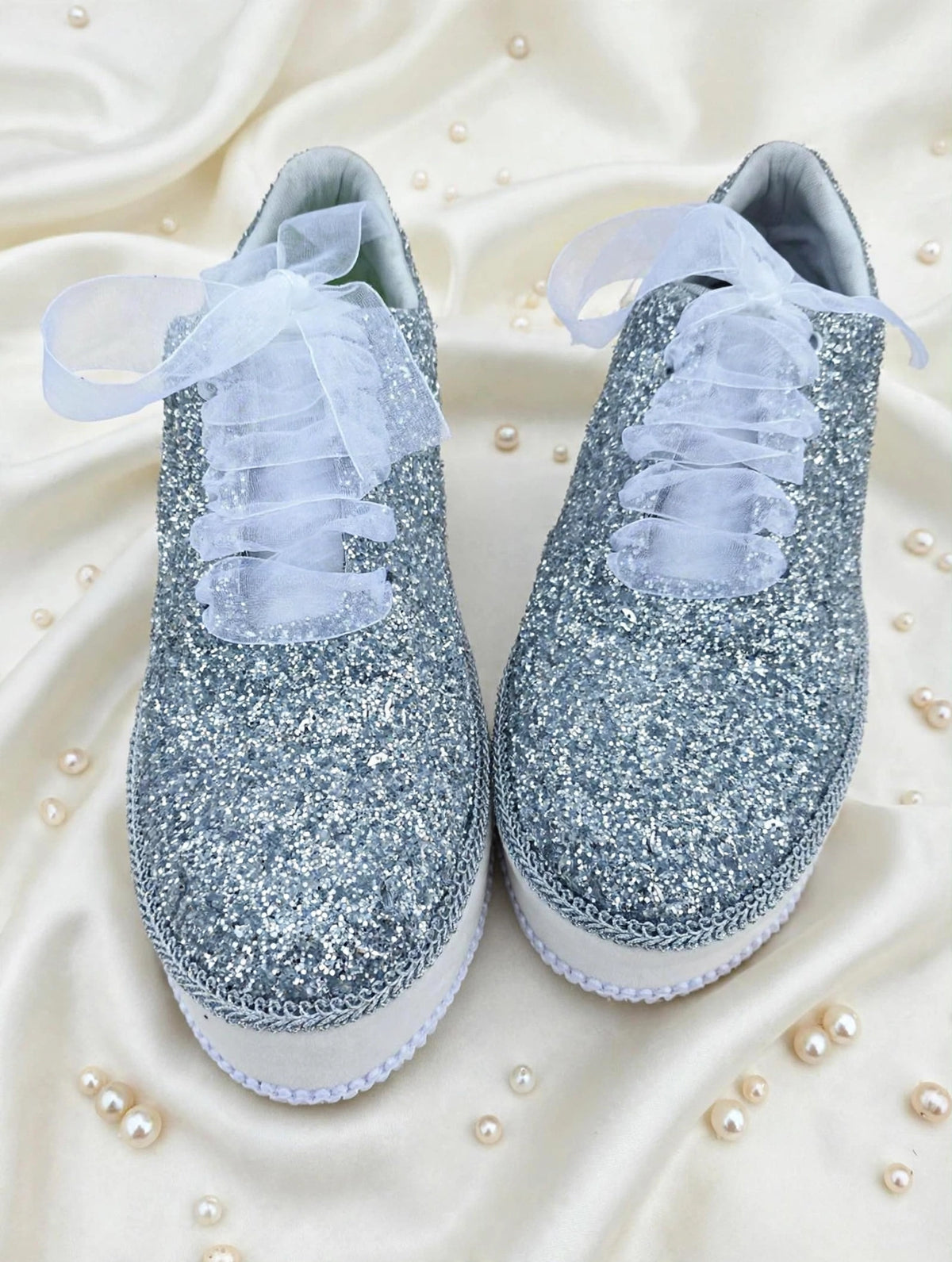 Silver Glitter Platform Bridal Sneakers – Handmade Luxury Wedding Shoes for Brides