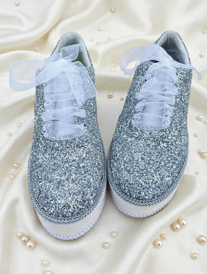 Silver Glitter Platform Bridal Sneakers – Handmade Luxury Wedding Shoes for Brides